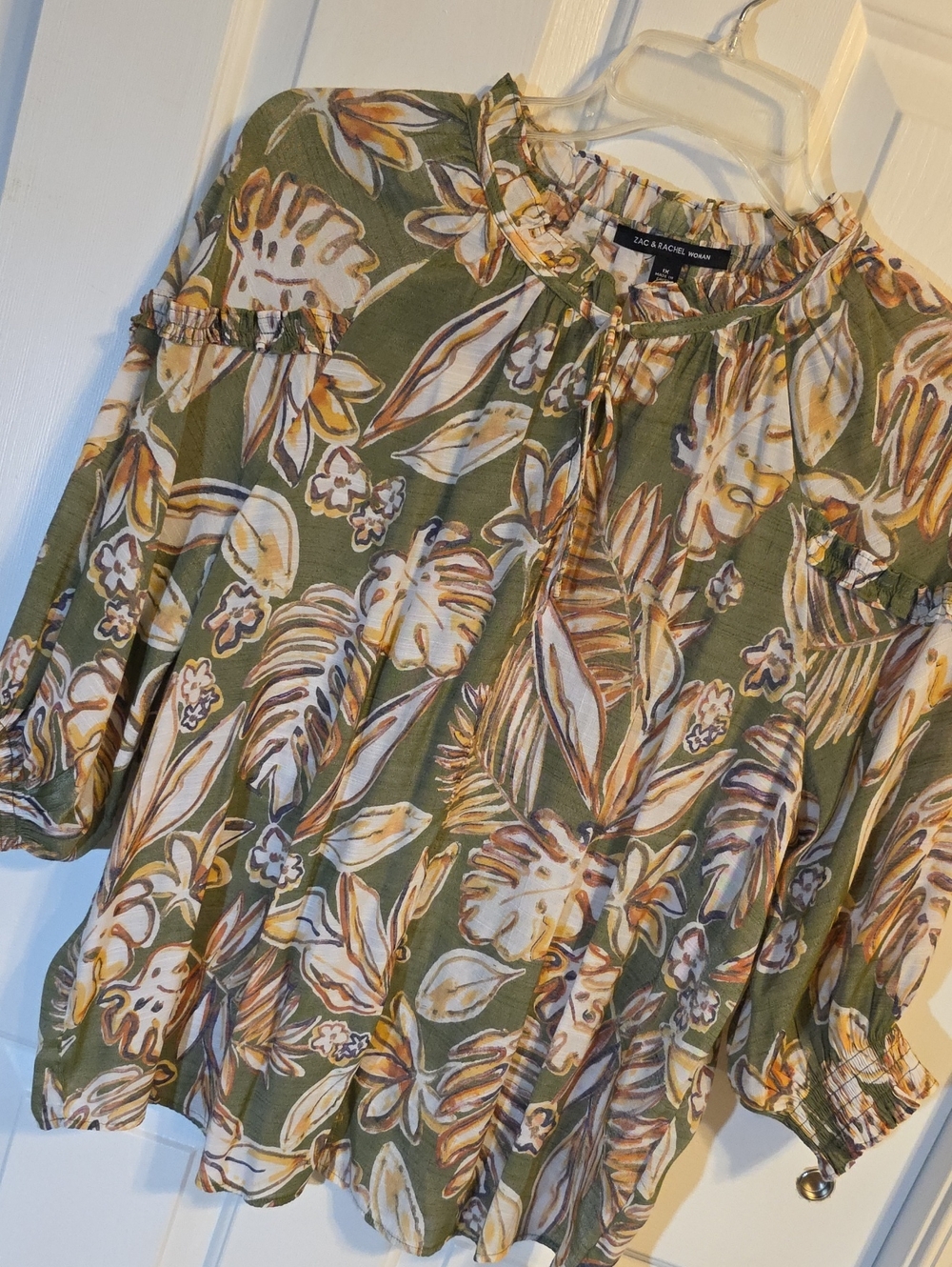 Zac & Rachel Olive Green Floral Ruffle Neck Blouse T099